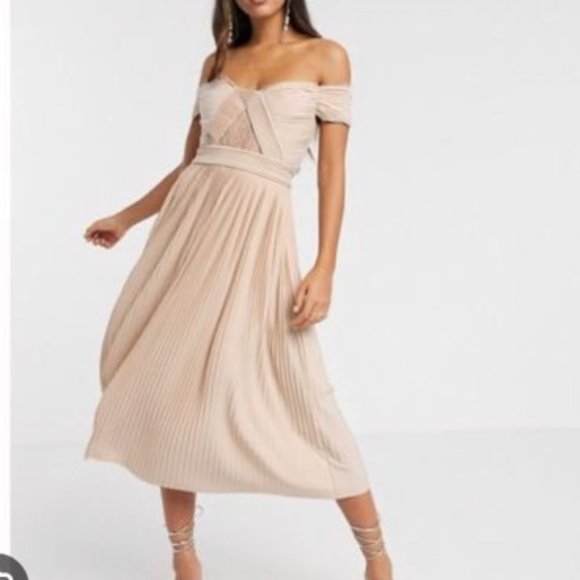 ASOS Nude Pleated A-Line Dress with Lace Detailing - Picture 1 of 10
